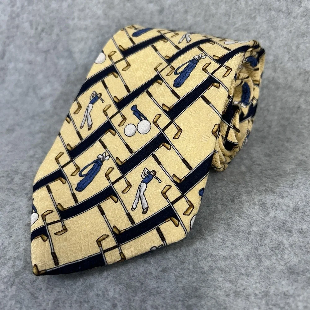 Tom James Golf Theme Tie Yellow Blue Golfer Clubs Silk Made in USA Necktie